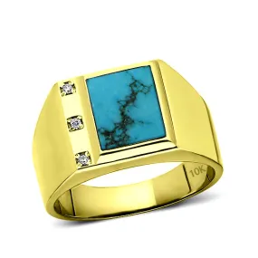 Solid Real 10K Yellow Gold Turquoise Ring for Men with 3 Natural Diamonds