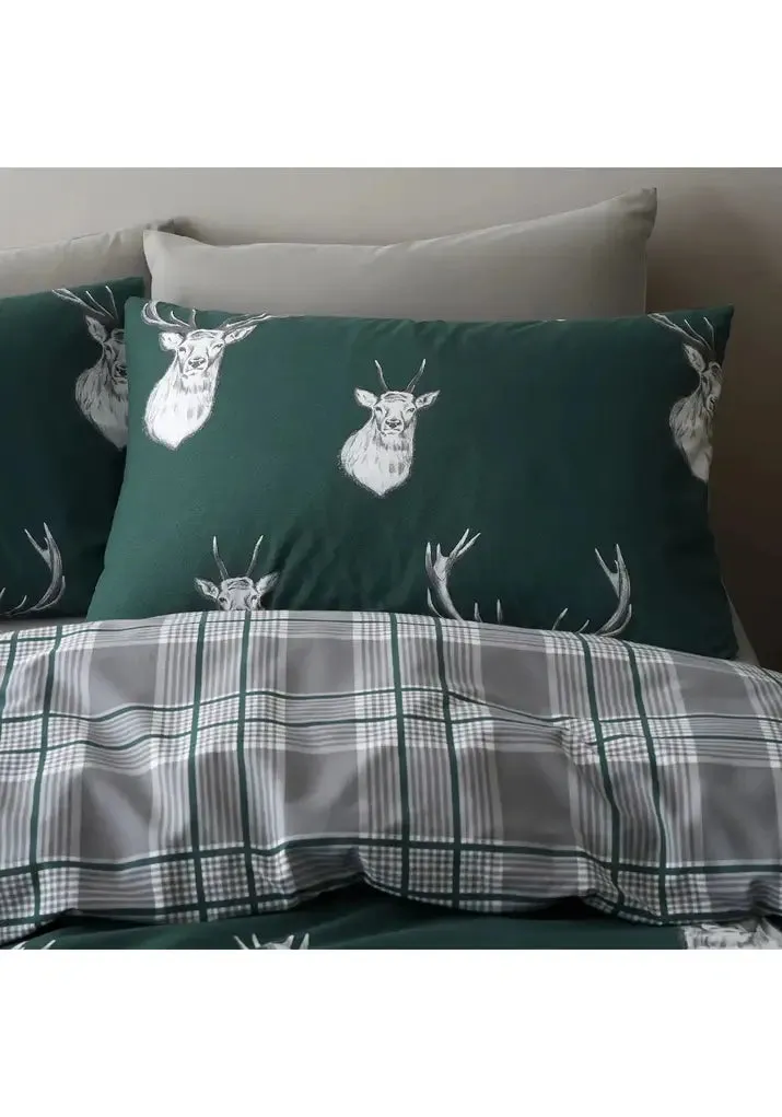 Stag Check Duvet Cover Set With Pillowcases - Green