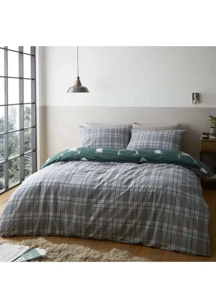 Stag Check Duvet Cover Set With Pillowcases - Green