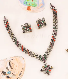 The Ruchika Silver Navratna Necklace (Oxidised)