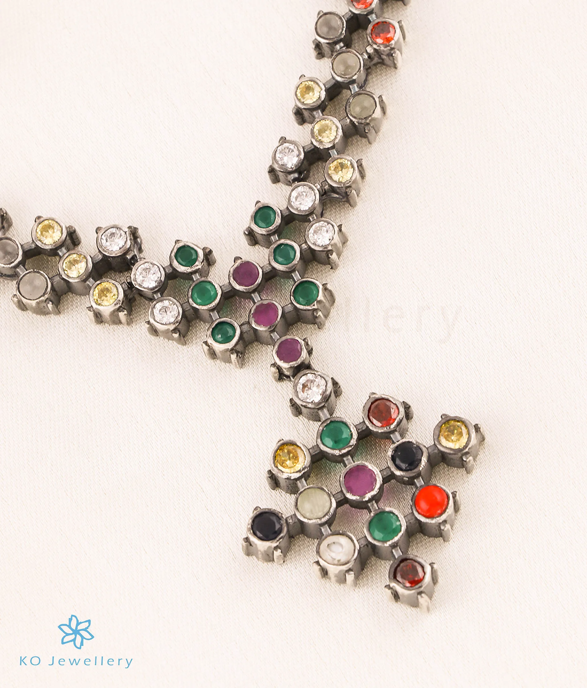 The Ruchika Silver Navratna Necklace (Oxidised)