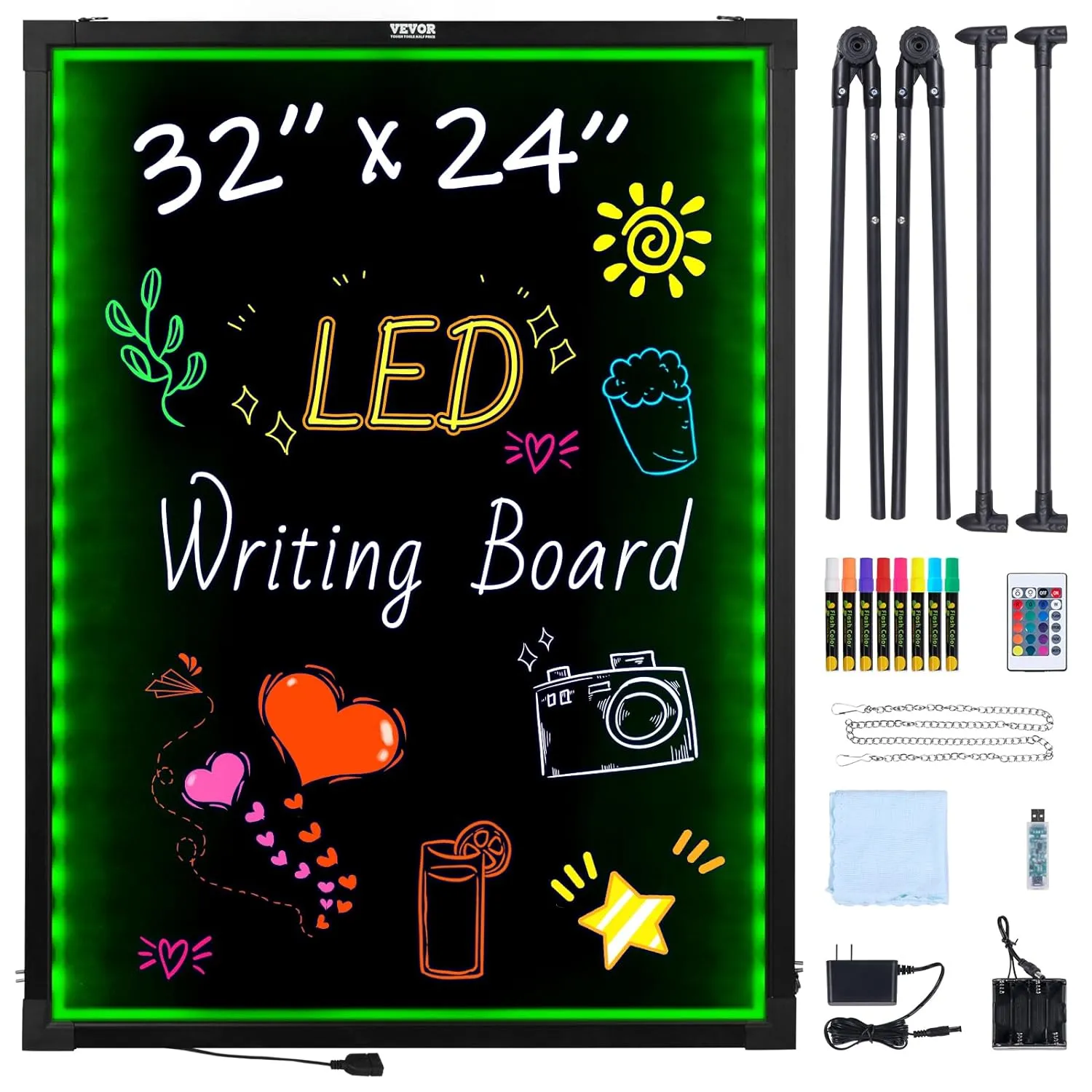 VEVOR LED Message Writing Board, 32"x24" Illuminated Erasable Lighted Chalkboard, Neon Effect Menu Sign Board, Drawing Board with 8 Fluorescent Chalk Markers and Remote Control