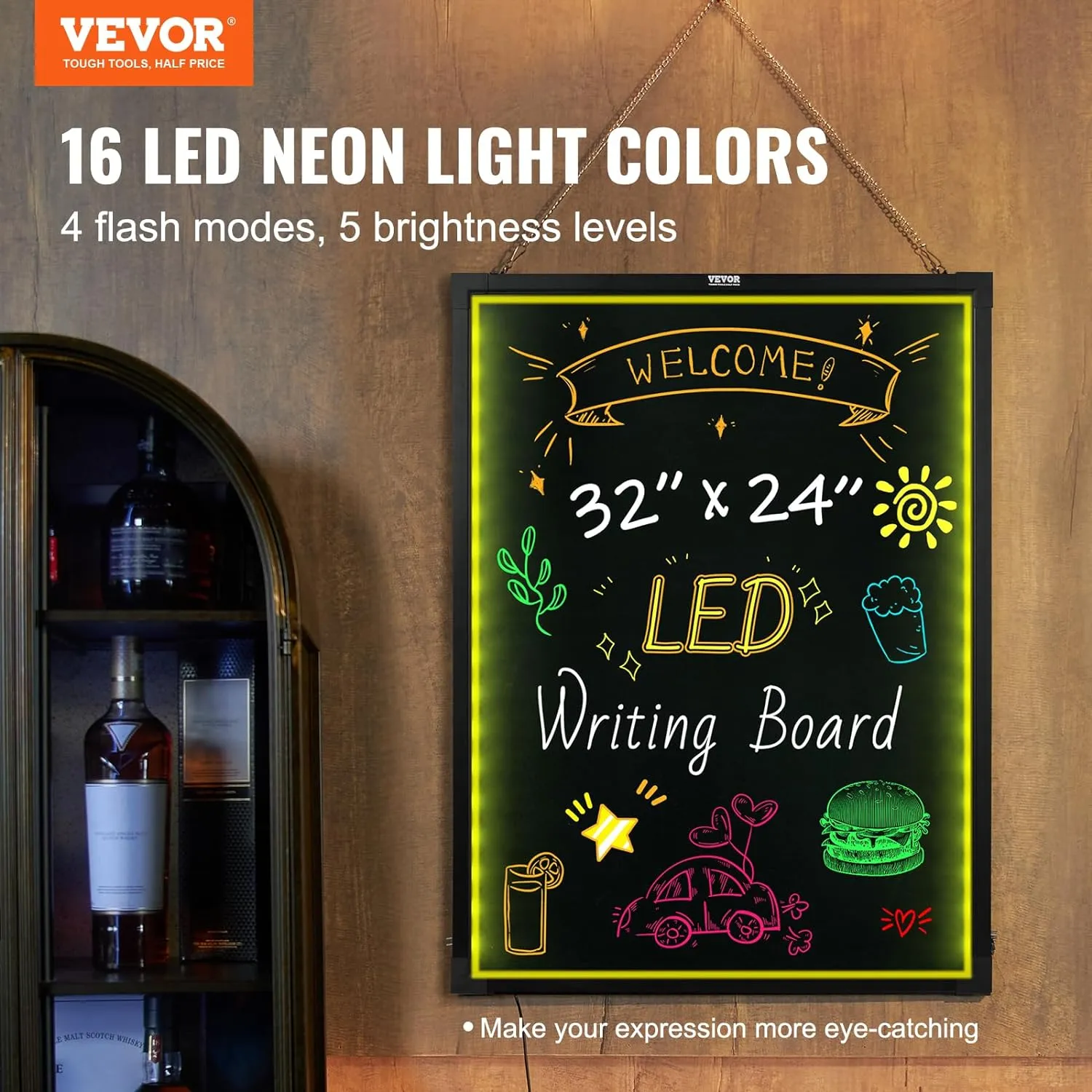 VEVOR LED Message Writing Board, 32"x24" Illuminated Erasable Lighted Chalkboard, Neon Effect Menu Sign Board, Drawing Board with 8 Fluorescent Chalk Markers and Remote Control