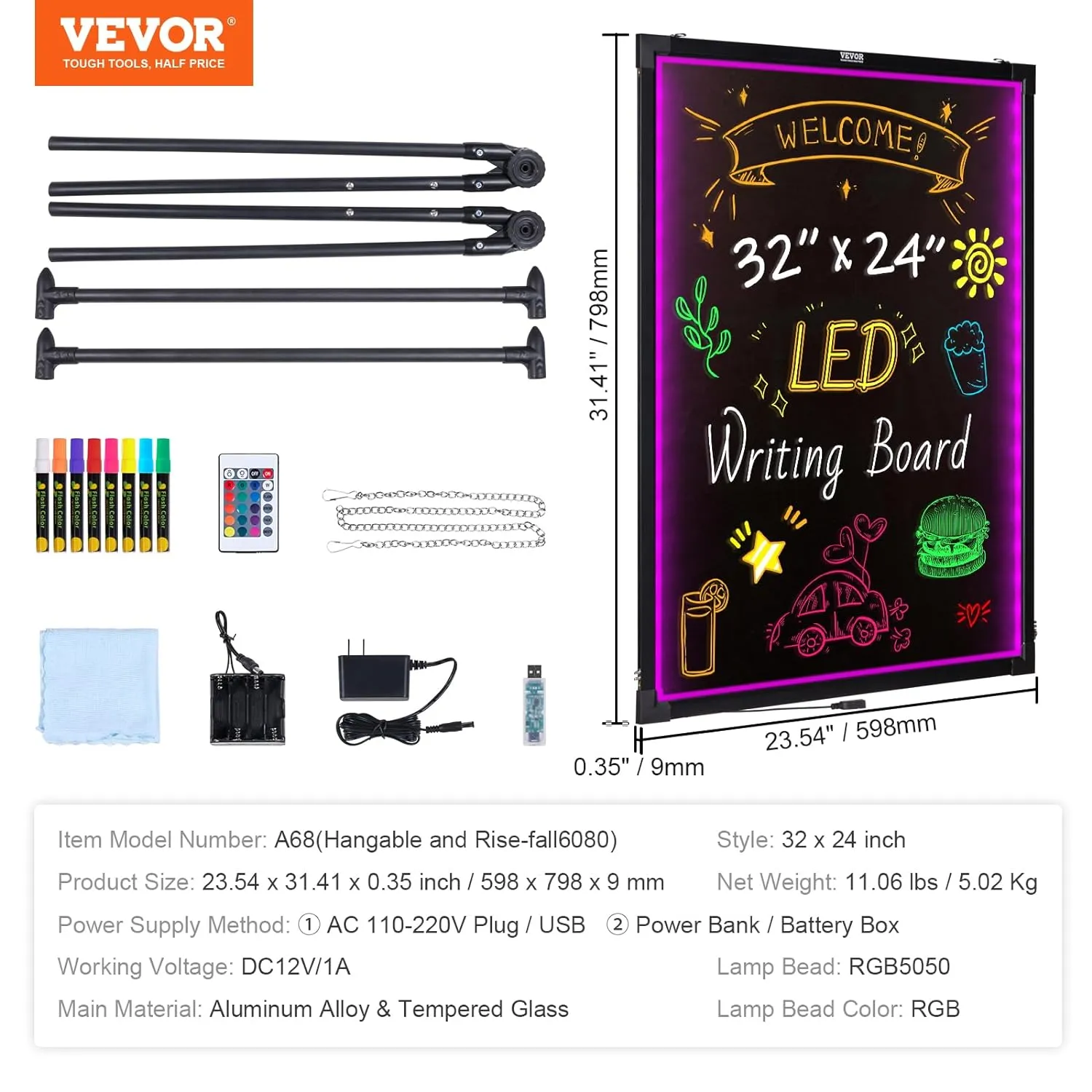 VEVOR LED Message Writing Board, 32"x24" Illuminated Erasable Lighted Chalkboard, Neon Effect Menu Sign Board, Drawing Board with 8 Fluorescent Chalk Markers and Remote Control