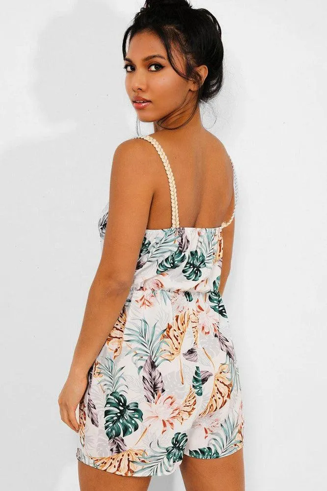 White Tropical Print Cami Playsuit